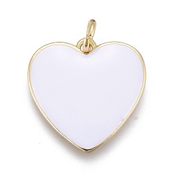 Белый Латунь эмаль подвески, с прыжковых колец, долговечный, реальный 18 k позолоченный, сердце, белые, 17x17x2 мм, перемычки: 5x1 мм, внутренний диаметр: 3 мм
