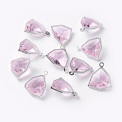 Pink Стеклянные подвески, с фурнитурой Berzel с открытой спиной из экологически чистого сплава, граненые, треугольные, серебряный цвет гальваническим, розовые, 17x14.5x7 мм, отверстие : 1.2 мм