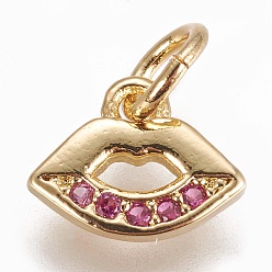 Golden Brass Charms, with Cubic Zirconia, Lip, Deep Pink, Golden, 7.5x9x1.5mm, Hole: 3mm