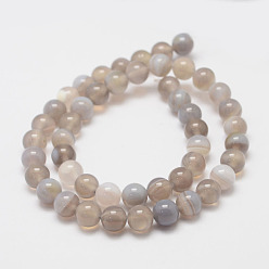 Gray Natural Striped Agate/Banded Agate Bead Strands, Round, Grade A, Light Grey, 8mm, Hole: 1mm, about 47~48pcs/strand, 14.5 inch