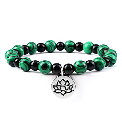 Peacock Agate Браслеты с подвесками из натуральных круглых бусин павлиньего агата для йоги, плоские круглые браслеты с подвесками в виде лотоса для мужчин и женщин, с черным агатом