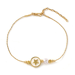 Звезда Браслеты из латуни и круглых бусин с имитацией жемчуга, ювелирные изделия из латуни с эмалью для женщин, плоско-круглые, звезда, 6.30 дюйм (16 см)