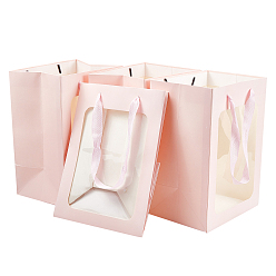 Pink Крафт-бумажные пакеты с ручкой, с ручками для шнура и прямоугольным окном, для розничной сумки, сумка для товаров, подарочная и праздничная сумка, прямоугольные, розовые, 25x18x0.4 см, развернуть: 25x18x13 см, окно: 18.3x13.3 см