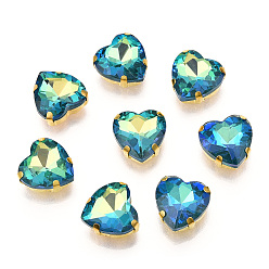 Бирюза Шить на горный хрусталь, флуоресцентный стиль мокко, многожильных ссылки, стекло горный хрусталь, с позолотой 201 зубцы из нержавеющей стали, аксессуары для одежды, граненые, сердце, бирюзовые, 12x12x6 мм, отверстие : 1 мм