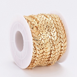 Real 18K Gold Plated Brass Handmade Cobs Chains, Link Chains, with Spool, Long-Lasting Plated, Soldered, Leaf, Real 18K Gold Plated, 7x6x0.5mm, about 32.8 Feet(10m)/roll