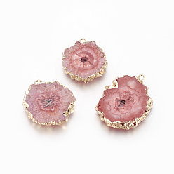 Фламинго Подвески из натурального окрашенного кварца, солнечный кварц, с позолоченными краями из латуни, плоско-круглые, фламинго, 25~42x22~23x4~6 мм, отверстие : 2.5 мм