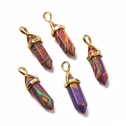 Малахит Синтетические разноцветные малахитовые заостренные подвески, граненые, с фурнитурой латунной золотого тона, без свинца и без кадмия, пуля, 27~30x9~10x7~8 мм, отверстие : 4x3 мм