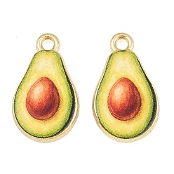 Green Printed Alloy Pendants, Avocado Charms, Rack Plating, Golden, Green, 20x12x3mm, Hole: 1.8mm