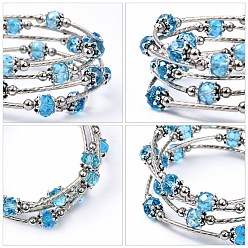 Deep Sky Blue Fashion Wrap Bracelets, with Rondelle Glass Beads, Tibetan Style Bead Caps, Brass Tube Beads and Steel Memory Wire, Deep Sky Blue, Inner Diameter: 55mm