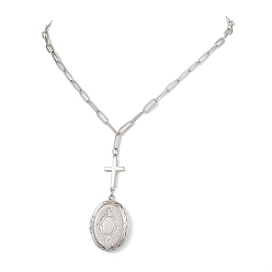 Нержавеющая Сталь Цвет Ожерелья с подвесками из латуни в форме креста и овального медальона, 304 женские ожерелья-цепочки со скрепками из нержавеющей стали, цвет нержавеющей стали, 18.07 дюйм (45.9 см)