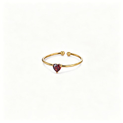 Red Adjustable Birthstone 304 Stainless Steel Micro Pave Cubic Zirconia Cuff Open Rings, Heart, January, Golden, Red, US Size 4 1/4(15~20mm)