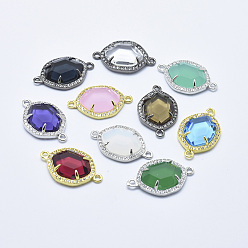 Mixed Color Brass Micro Pave Cubic Zirconia Links, with Glass, Faceted, Oval, Mixed Color, 26x16x5mm, Hole: 1.6mm