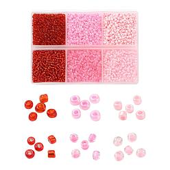Pink 4500Pcs 6 Style 12/0 Glass Seed Beads, Transparent & Silver Lined & Opaque Colours & Celyon & Transparent Inside Colours, Round Hole Beads, Pink, 2~2.5x1.5~2mm, Hole: 0.8~1mm, 750pcs/style