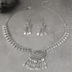 Античное Серебро Комплекты ожерелий и серег-колец из сплава цинка и стекла «богемия», античное серебро, 610 мм и 71.9x26.8 мм