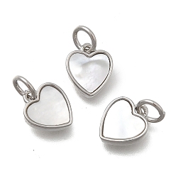 Платина Подвески в форме сердца из латуни и натуральных ракушек, с прыжковых колец, без кадмия и без свинца, стойки покрытие, долговечный, цвет морской раковины, платина, 9.5x8x2 мм, отверстие : 2 мм