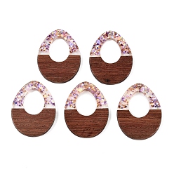 Серо-розавый Подвески из эпоксидной смолы и орехового дерева, с пайеткой / блестками, слеза, увядшая роза, 37x28x3 мм, отверстие : 2 мм