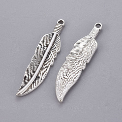 Antique Silver Tibetan Style Alloy Charms, Lead Free & Cadmium Free & Nickel Free, Feather, Antique Silver, 42x10x2mm, Hole: 2mm