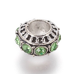 Перидот Европейские сплавочные бусины тибетского стиля , со стразами, бусины с большим отверстием, рондель, перидот, 10~11x7 мм, отверстие : 5 мм