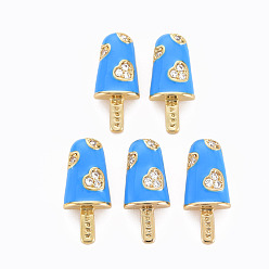 Dodger Blue Brass Micro Pave Clear Cubic Zirconia Pendants, with Enamel, Cadmium Free & Nickel Free & Lead Free, Real 16K Gold Plated, Ice Cream with Word Happy, Dodger Blue, 20x8.5x3.5mm, Hole: 3.5x2mm