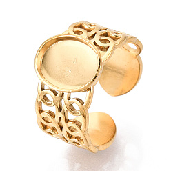 Настоящее золото 18K 304 компоненты манжетного кольца из нержавеющей стали, установка овального кольца, ионное покрытие (ip), реальный 18 k позолоченный, лоток : 10x8 мм, 11.3 мм, регулируемый