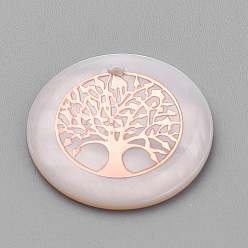 Seashell Color Freshwater Shell Pendants, with Iron Findings, Flat Round with Tree of Life, Rose Gold, Seashell Color, 18x3~4mm, Hole: 1mm