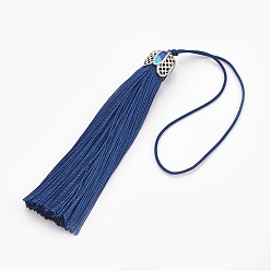 Marine Blue Polyester Tassel Pendant Decorations, with Cloisonne Findings, Marine Blue, 180~185mm