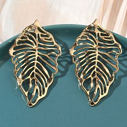 Настоящее золото 18K Полые 304 из нержавеющей стали серьги стержня, лист, ионное покрытие (ip), долговечный, реальный 18 k позолоченный, 57.5x34 мм