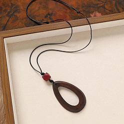 Teardrop Деревянная подвеска, черный вощеный шнур, длинные цепочки для женщин, слеза, 31.50 дюйм(80см) подвеска: 90x40мм