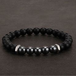 Black 8MM Natural Obsidian and Frosted Black Round Beaded Stretch for Men, Silver Color Plated, Black, 7.09 inch(18cm)