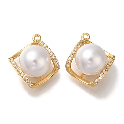 Настоящее золото 18K Латунные микро проложить кубического циркония подвески, с ABS имитации жемчуга, ромб, реальный 18 k позолоченный, 18x15.5x11 мм, отверстие : 1.2 мм