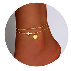 Letter B Браслеты на ногу из латуни с боковыми поперечными связями и плоскими круглыми начальными подвесками, золотые, В письме, 7-7/8 дюйм (200 мм)