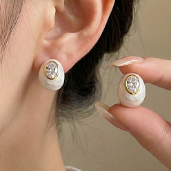 Белый 304 из нержавеющей стали серьги, овальные, с эмалью, золотые, белые, 16.5x12.3 мм