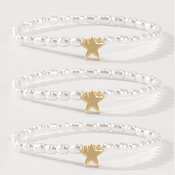 Звезда 3 Набор эластичных браслетов из синтетического немагнитного гематита и искусственного жемчуга для женщин, золотые, звезда
