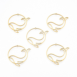 Настоящее золото 18K 201 подвески из нержавеющей стали, полый, кольцо с дельфином, реальный 18 k позолоченный, 33x33x1 мм, отверстие : 1.4 мм