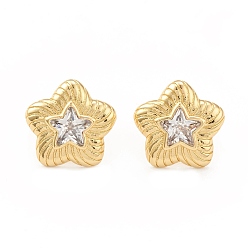 Настоящее золото 18K Серьги-гвоздики со звездами из прозрачного кубического циркония, стеллаж для латунных украшений для женщин, без кадмия и без свинца, реальный 18 k позолоченный, 15.5x16 мм, штифты : 0.7 мм