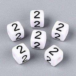 Number Непрозрачные акриловые европейские большие бусины, куб с числа 2, с эмалью, число, 9.5~10x9.5~10x9.5~10 мм, отверстие : 4 мм