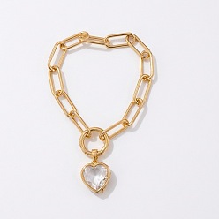 Cœur Bracelet en laiton, médaillon en verre, breloque trombone, chaîne., or, clair, cœur, 6.69 pouce (17 cm)