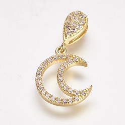 Golden Brass Micro Pave Cubic Zirconia Hollow Pendants, Moon, Golden, 23mm, Hole: 1x6mm