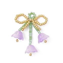 Фиолетовый Бант из стеклянных бисера с подвесками-цветами, фиолетовые, 38x27x12 мм, отверстие : 3x2.5 мм