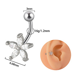Цветок G23 серьги-гвоздики с изогнутой штангой и прозрачным кубическим цирконием из титана, платина, цветок, Длина стержня: 8мм, штифты : 1.2 мм