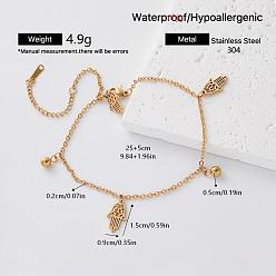 Hamsa Hand 304 Tobilleras con dijes de acero inoxidable para mujer, dorado, hamsa mano, 9-7/8 pulgada (250 mm)