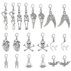Античное Серебро 20шт 10 стили подвеска из сплава в тибетском стиле украшения, с карабин-лобстерами , череп, летучая мышь и скелет, античное серебро, 25~53 мм