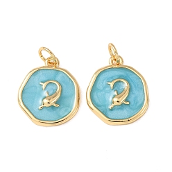 Темно-Голубой Латунные подвески, с эмалью, плоский круглый с рыбными чарами, без кадмия и без свинца, стойки покрытие, долговечный, с целью перехода в кольце, реальный 18 k позолоченный, глубокое синее небо, 16.5x13.5x2.5 мм, отверстие : 3.5 мм