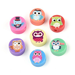Разноцветный Печатные бусины из полимерной глины ручной работы, плоские круглые с совой, красочный, 9~10x4~5 мм, отверстие : 1.8~2 мм