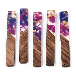 Темная Орхидея Большие подвески из прозрачной смолы и орехового дерева, золотой фольгой, прямоугольник амулеты, темные орхидеи, 51.5x7.5x3 мм, отверстие : 1.8 мм