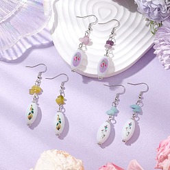 (52) Непрозрачная лаванда 3пара латунных овальных подвесных серег, с натуральными и синтетическими драгоценными камнями и стеклом, платина, разноцветные, 60x10 мм, 3 пара / комплект