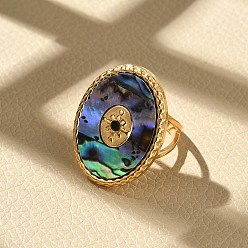 Настоящее золото 18K Овальные 304 кольца-манжеты из нержавеющей стали и ракушек пауа со стразами для женщин, ионное покрытие (ip), реальный 18 k позолоченный, 26x20 мм, внутренний диаметр: 17 мм