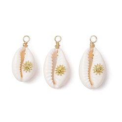 Солнце Подвески из натуральной ракушки каури, обмотанной медной проволокой, с латунными пластинами, золотые, солнце, 24~28x12~15.5x7~8.5 мм, отверстие : 2.6 мм