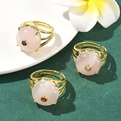 Розовый Кварц Открытые кольца манжеты из латуни с микропаве и кубическим цирконием, с натуральным розовым кварцем, круглые, стойки покрытие, долговечный, золотые, 18 мм