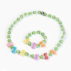 Gelb-grün (Schmuckpartys im Fabrikverkauf) Acrylperlen-Kinderschmucksets, Stretch Armbänder & Halsketten, bowknot und Herz, gelb-grün, 1-5/8 Zoll (4.3 cm), 19.29 Zoll (49 cm)